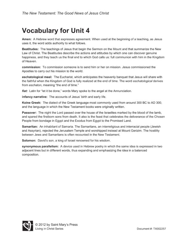 Vocabulary for Unit 4 of “The New Testament: The Good News of Jesus
