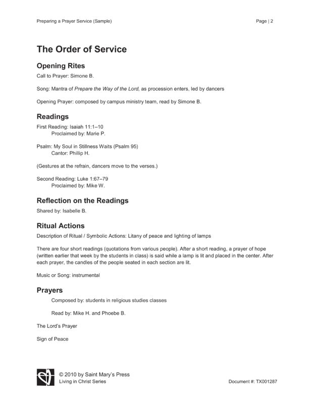 Preparing a Prayer Service Sample Saint Mary's Press