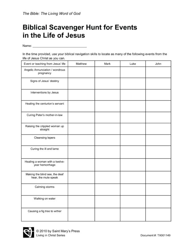 Biblical Scavenger Hunt for Events in the Life of Jesus Saint Mary's